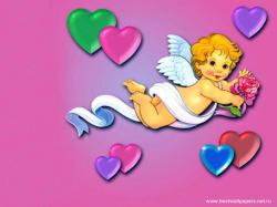 Ангелочек Амур и разноцветные сердечки
